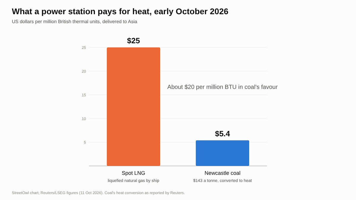 Bar chart comparing the cost of heat in early October 2026: spot LNG delivered to Asia at about $25 per million BTU against Newcastle coal at about $5.40 per million BTU, a gap of roughly $20 in coal's favour.