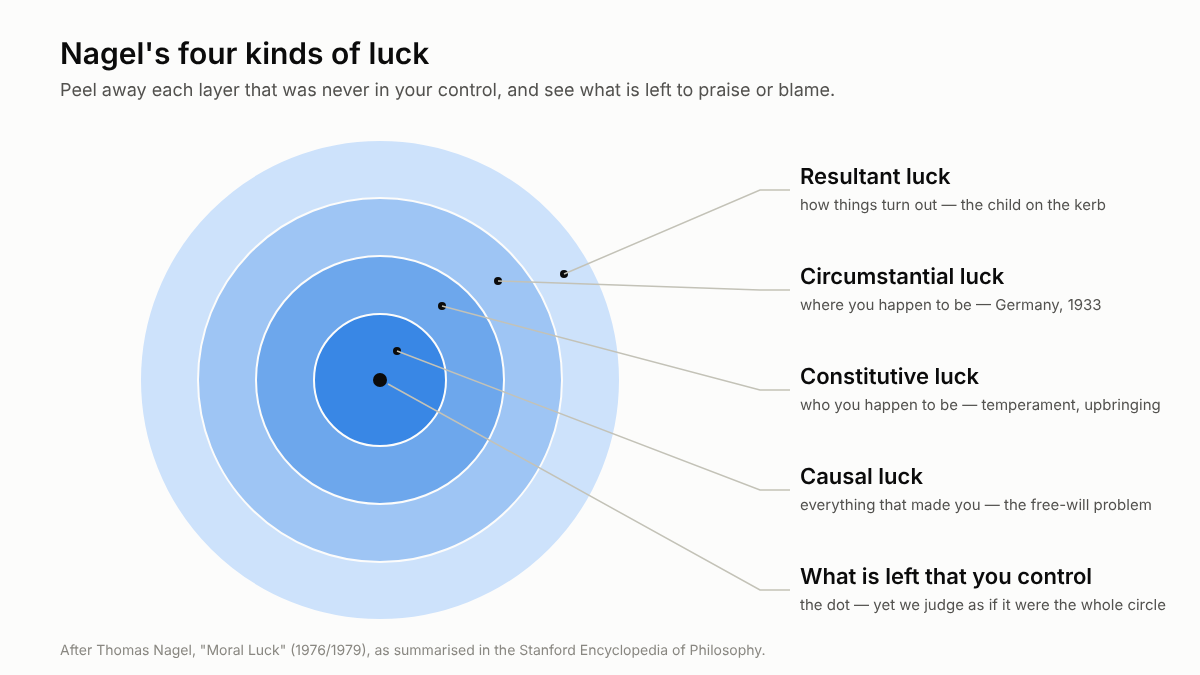 Four concentric rings labelled, outer to inner, resultant luck, circumstantial luck, constitutive luck and causal luck, with a small dot at the centre labelled what is left that you control.