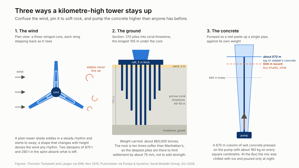 Three diagrams: a plan view of a three-winged tower breaking up wind eddies; a section of 270 piles up to 105 m deep in coral limestone under a 5 m raft; and a pipe pumping concrete up a tower past the 606 m record to about 670 m.