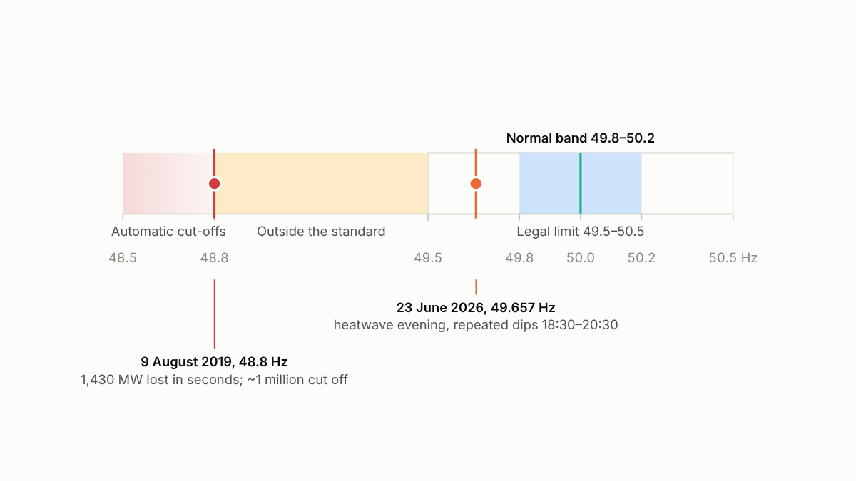 A scale from 48.5 to 50.5 Hz: the normal band 49.8 to 50.2 shaded around 50.0, the statutory limit at 49.5, automatic cut-offs below 48.8. Markers show 23 June 2026 at 49.657 Hz and 9 August 2019 at 48.8 Hz, when about a million customers lost power.